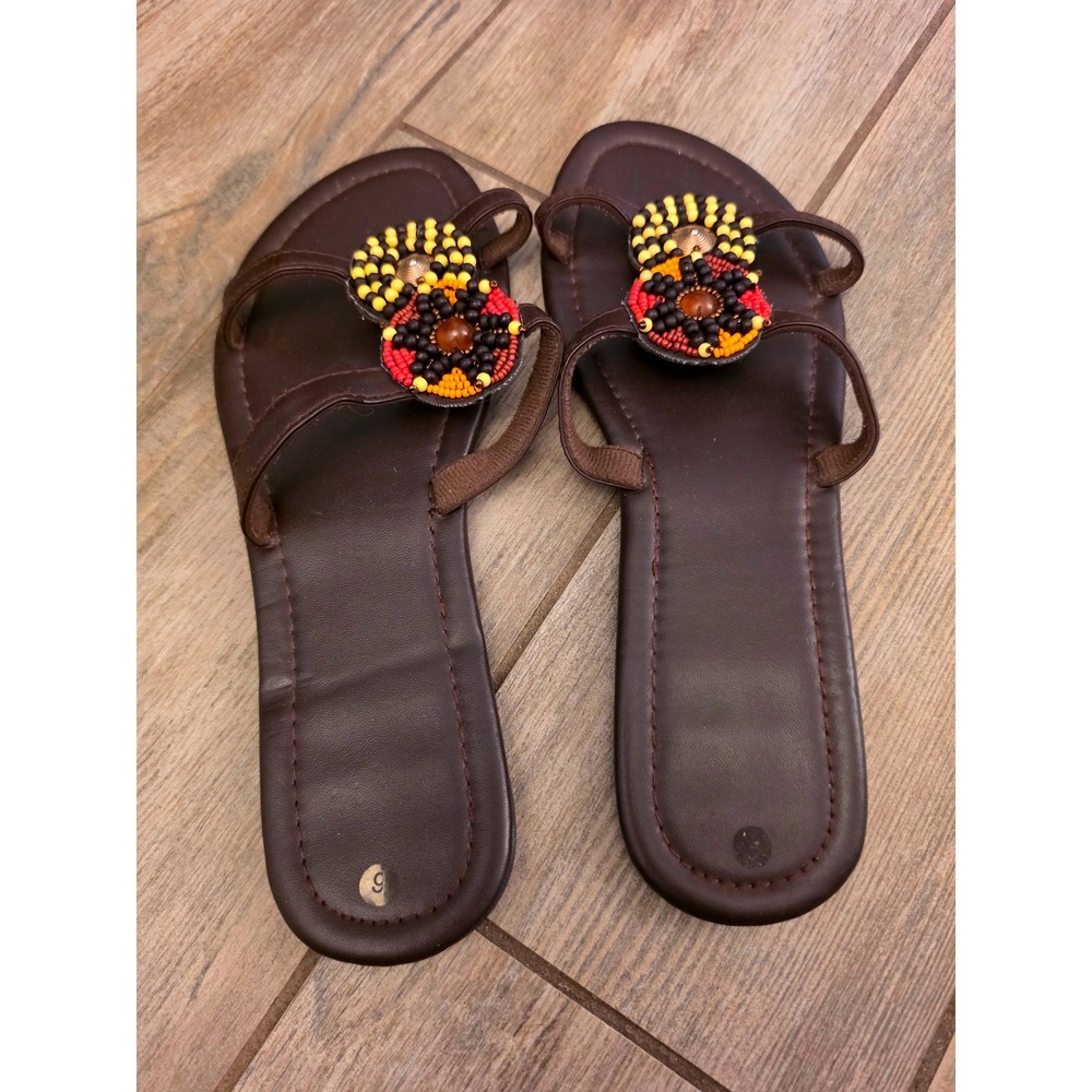 Womens Brown Beaded Floral Handmade African Maasai Leather  Flat Boho Size 9